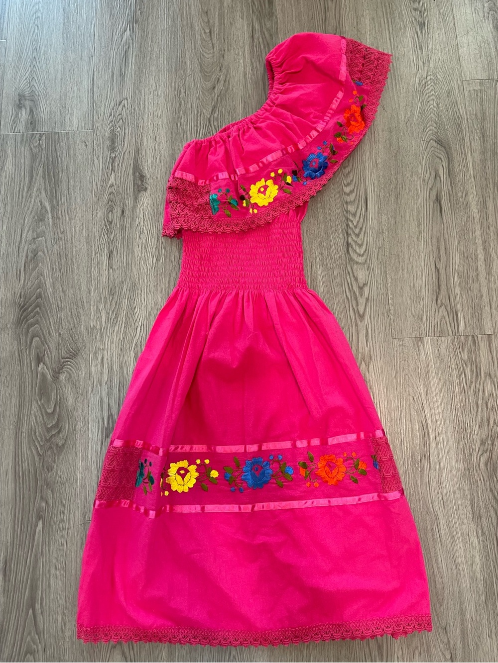 Artisan embroidered off the shoulder floral dress